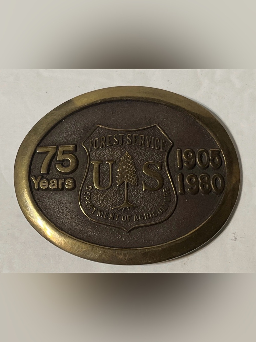 Vintage 1980 US Forest Service "75 Years" (1905-1980) brass belt buckle & Belt